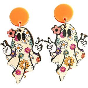 NWT Wooden Halloween Earrings Ghost Orange Pumpkin Dangle Cartoon Ghost Jewelry